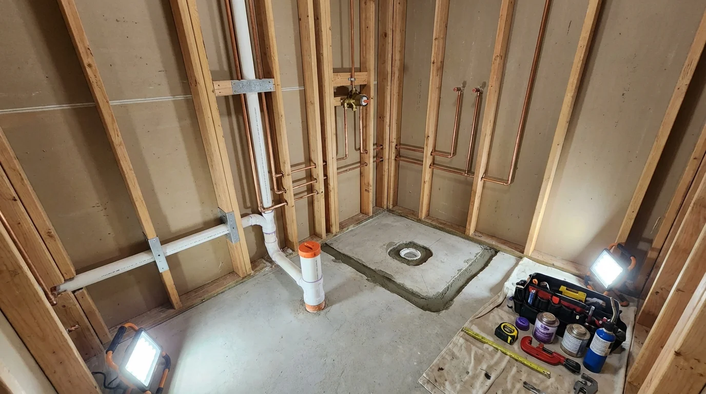 Bathroom rough-in plumbing during remodel by Johns Plumbing LLC in Winneconne