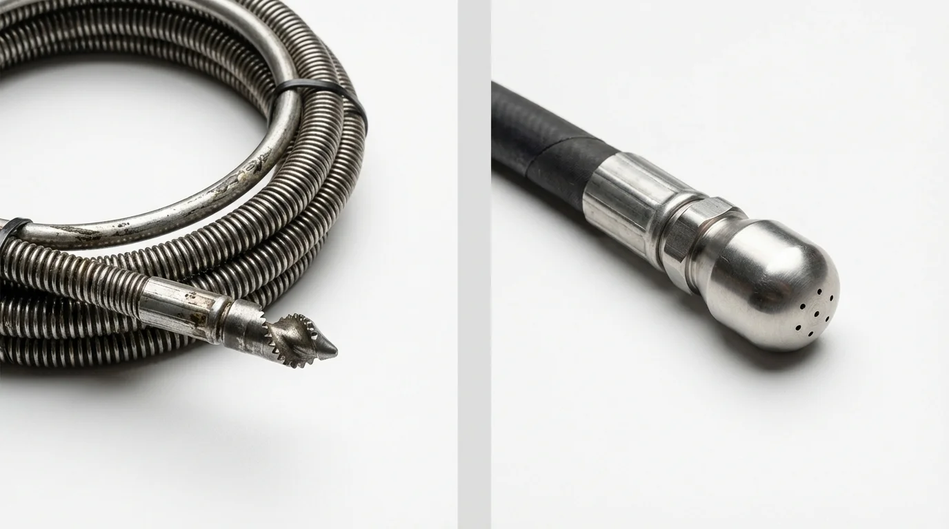 Drain snake cable and hydro jetting nozzle used for drain cleaning in Winneconne, WI