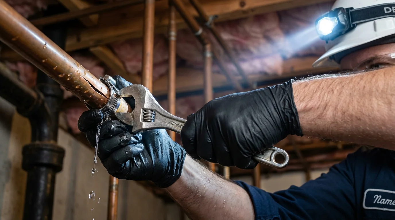 Emergency pipe clamp repair being performed by a Johns Plumbing LLC plumber in Winneconne