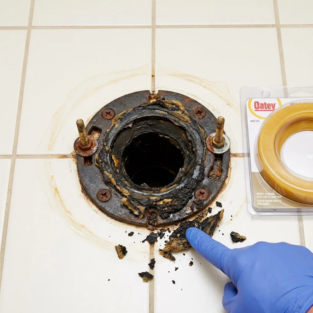Failed wax ring showing water seepage at the base of a toilet in a Winneconne, WI home
