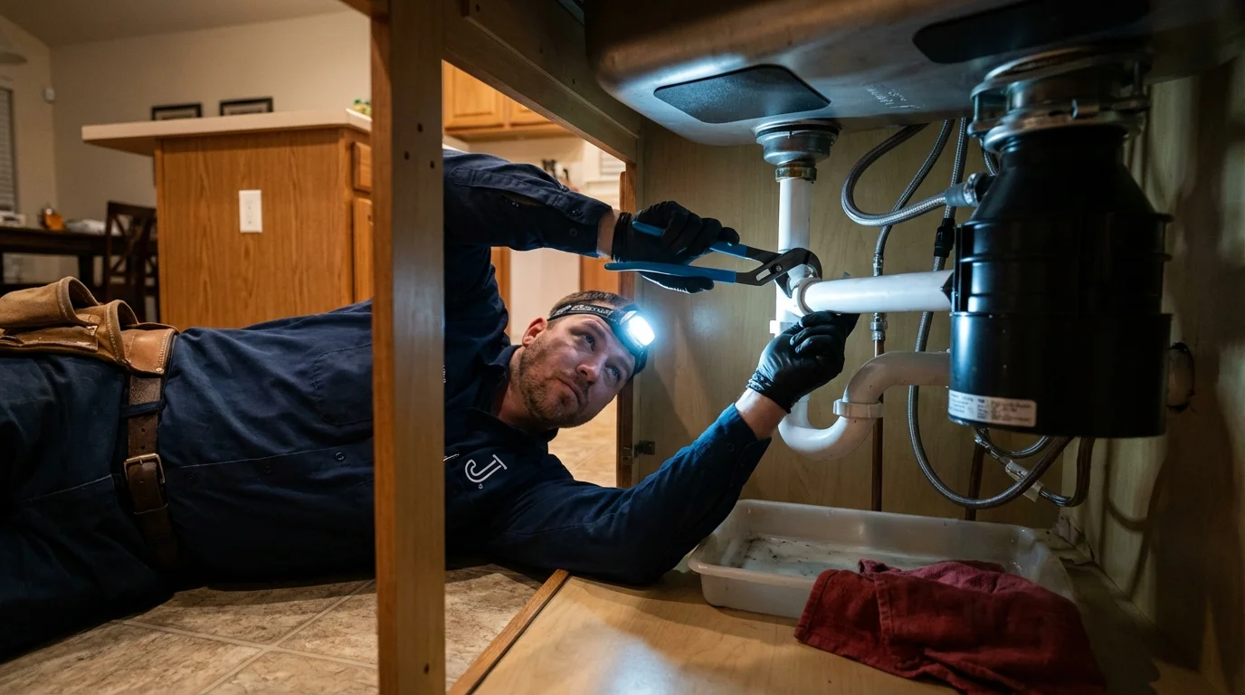 P-trap and supply line connections under a kitchen sink showing a common leak point in Winneconne, WI